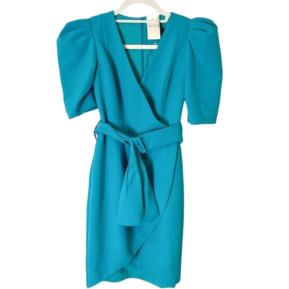 BLACK HALO -NWT- Turquoise Maricopa Puff Sleeve Belted Cocktail Dress2